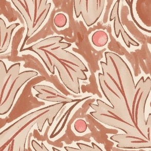 (L) Baroque Damask Leaves in terra cotta, reddish brown, pink, rust and off white