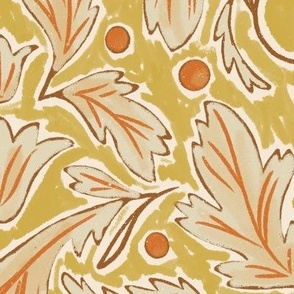 (L) Baroque Damask Leaves in golden yellow, rusty orange, brown and off white