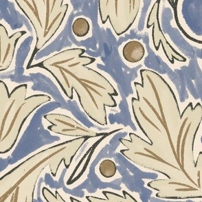 (L) Baroque Damask Leaves in dusty blue, light creamy neutral, earthy brown and off white