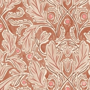(M) Baroque Damask Leaves in terra cotta, reddish brown, pink, rust and off white