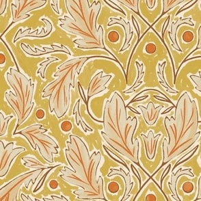 (M) Baroque Damask Leaves in golden yellow, rusty orange, brown and off white