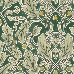 (M) Baroque Damask Leaves in dark forest green, sage green, yellow and off white