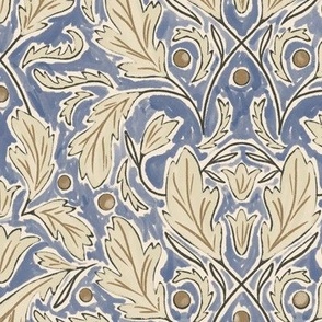 (M) Baroque Damask Leaves in dusty blue, light creamy neutral, earthy brown and off white