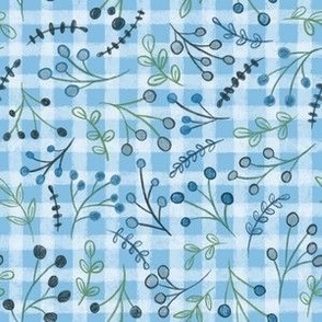Blue Gingham Checketed Plaid Leaves Twigs and Berries