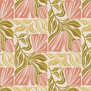Floral Abstract Flower Botanical pink and olive green _textured_Medium