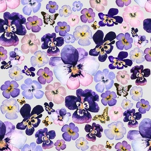 Large Pansy Flowers in Watercolor / purple white yellow / butterflies