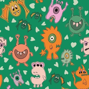 XL Spooky Cute Halloween Monsters, Ghouls and Bats on Green Background with Orange & Pink