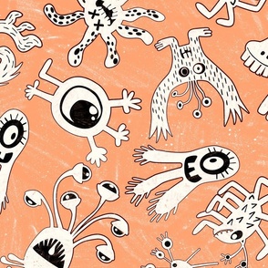  Crayon Creepers - Cute Monster Pattern in Cream White on Tangerine Background (Extra Large)