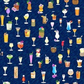 Happy Hour Cocktails and Brews on a Thatched Dark Blue Background 