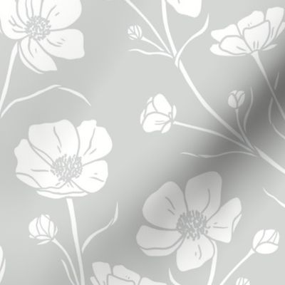 Large Buttercup Wildflower Floral // Grey and White Botanical 