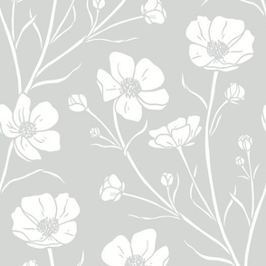 Large Buttercup Wildflower Floral // Grey and White Botanical 