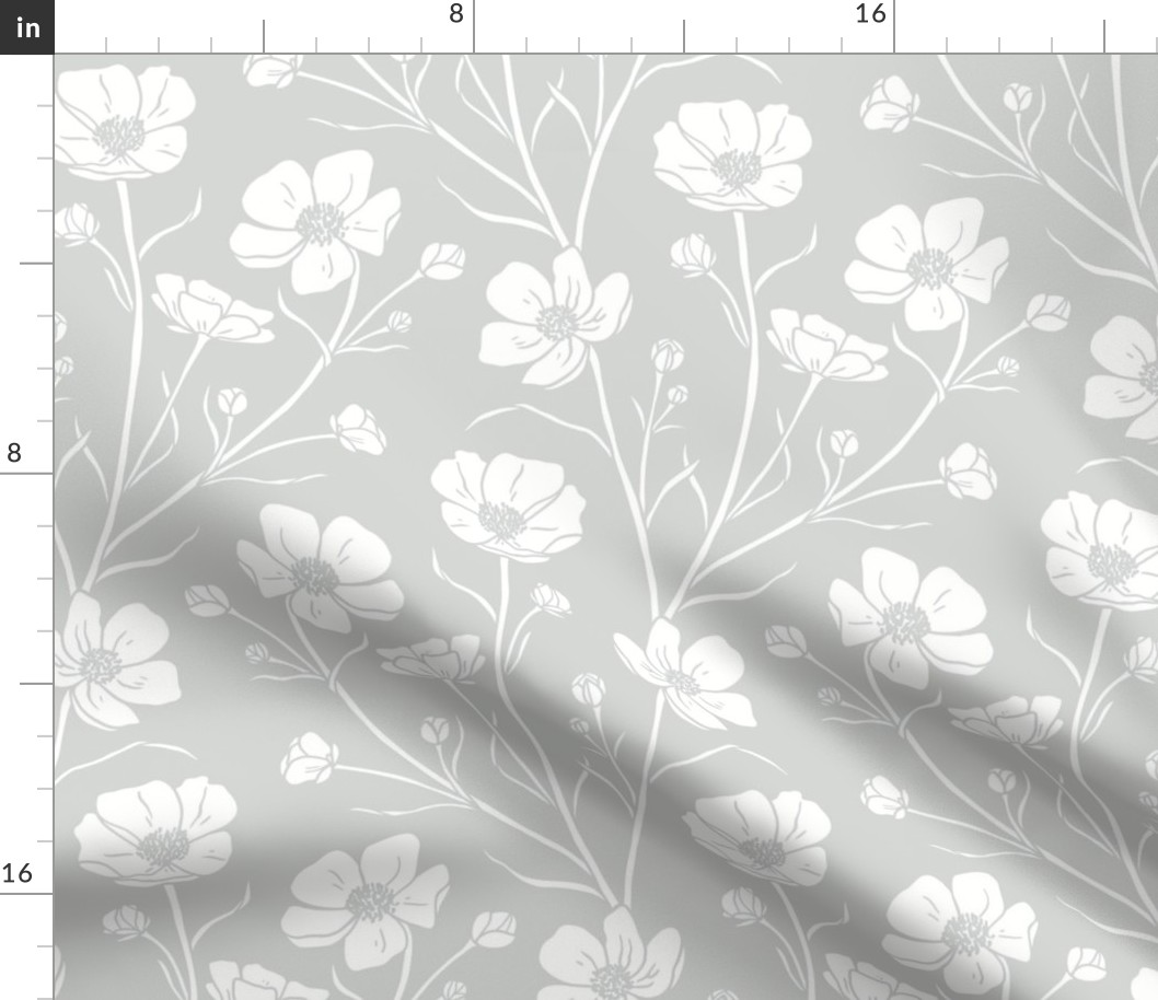 Large Buttercup Wildflower Floral // Grey and White Botanical 