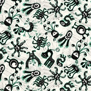 Crayon Creepers - Cute Monster Pattern in Black on Soft White Background (Large)
