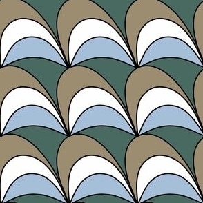 Stacked Sloping Scallops in Blue, Tan, and White on a dark Green Background 