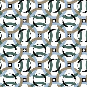 Interlocking circles in Light Blue, Green, Tan, and Black on a White Background 