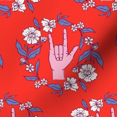 I Love You Sign Language Hands with Flowers, Pink on Bright Red