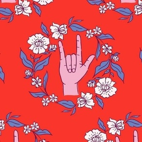 I Love You Sign Language Hands with Flowers, Pink on Bright Red