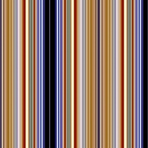 Dark Navy Blue Stripe Surrounded by Thinner Stripes in Tan, Brown, Burnt Orange, Gray, and a Neon-esq Purple Glow Stripe 