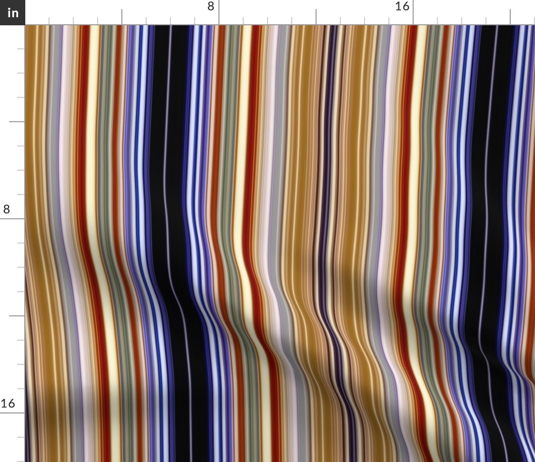 Dark Navy Blue Stripe Surrounded by Thinner Stripes in Tan, Brown, Burnt Orange, Gray, and a Neon-esq Purple Glow Stripe 