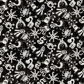 Crayon Creepers - Cute Monster Pattern in Cream White on Black Background (Medium))