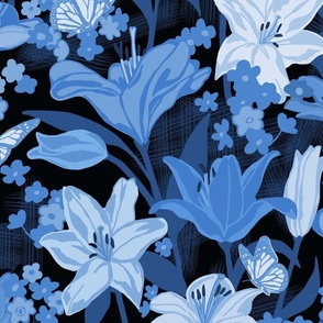 jumbo-Bursting with Blooms in Monochromatic blue on blackblack 