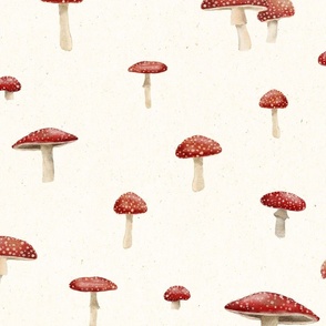 Medium scale scattered toadstool mushrooms on an off white background 