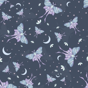 Whimsical Luna Moths, Fireflies, Moons & Stars on Dark Purple for Bedding & Wallpaper (Large)