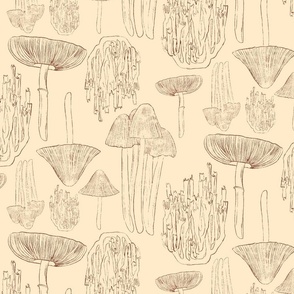 hand drawn mushrooms outlines in brown on beige background - line art style