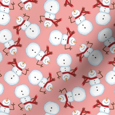 Winter Christmas happy snowmen crimson red scarf on soft pink SMALL