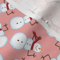 Winter Christmas happy snowmen crimson red scarf on soft pink SMALL