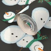 Winter Christmas happy snowmen green scarf on ebony black SMALL