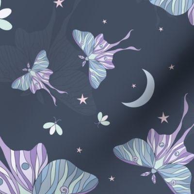 Whimsical Luna Moths, Fireflies, Moons & Stars on Dark Purple Night Sky (Medium)
