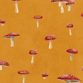 Medium scale scattered toadstool mushrooms on a mustard yellow background 