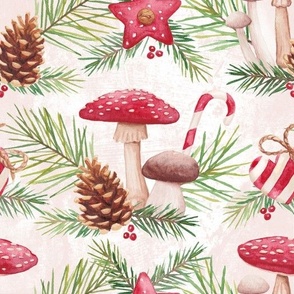 Rustic hand-painted watercolor Christmas mushroom textured
