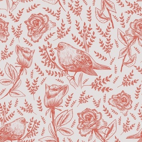 Design with red birds and roses, plain in chinoiserie or toile style on a grayish background