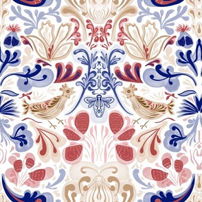 Ornament with birds, leaves, flowers and berries in the Morris style on a white background