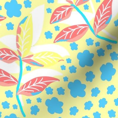 Decorative leaves, flowers and branches on a yellow background