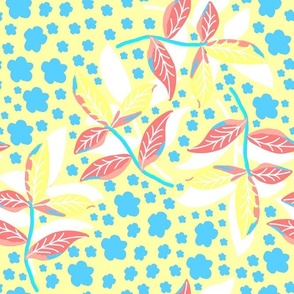 Decorative leaves, flowers and branches on a yellow background