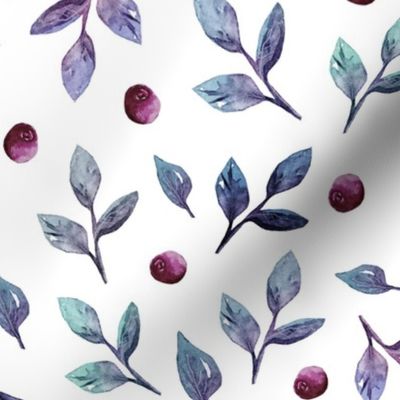  Watercolor leaves and blueberries on a white background