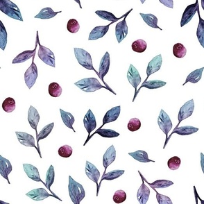  Watercolor leaves and blueberries on a white background