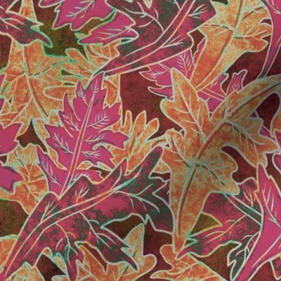 Red and yellow oak leaves with texture, autumn