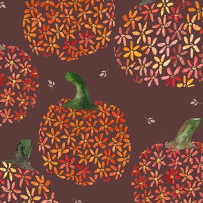 Watercolour Floral Pumpkins Maroon Red Large