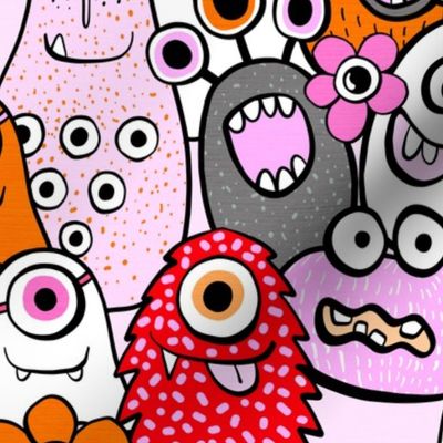 Medium • Halloween Doodle Monster Party 3. Black lines on PINK #Halloween #monstermash #fun #retro #orangeandpink #kidsapparel