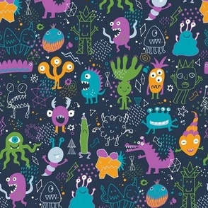 Chalkboard Monsters - Orange, green and teal on dark navy - medium small  scale