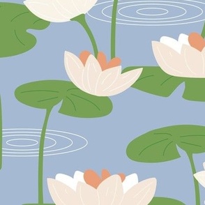 Lotus flower pond - little river water summer blossom yoga theme tropical jungle nature white peach orange green on moody blue LARGE