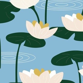 Lotus flower pond - little river water summer blossom yoga theme tropical jungle nature white lime yellow pine green on baby blue LARGE