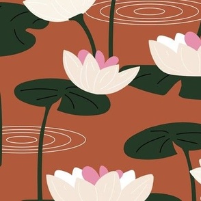 Lotus flower pond - little river water summer blossom yoga theme tropical jungle nature white pink pine green on rust LARGE
