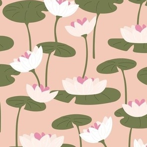 Lotus flower pond - summer blossom yoga theme tropical jungle nature white pink olive green on peach blush 