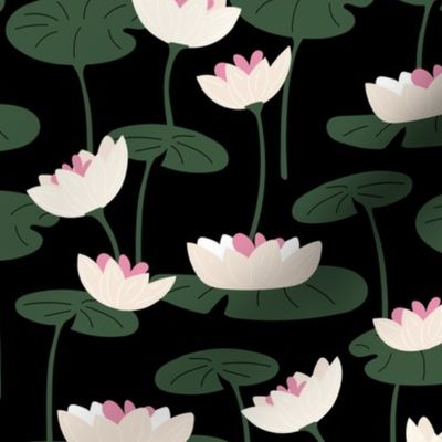 Lotus flower pond - summer blossom yoga theme tropical jungle nature white pink pine green on black 