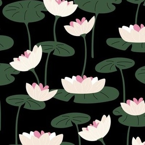 Lotus flower pond - summer blossom yoga theme tropical jungle nature white pink pine green on black 